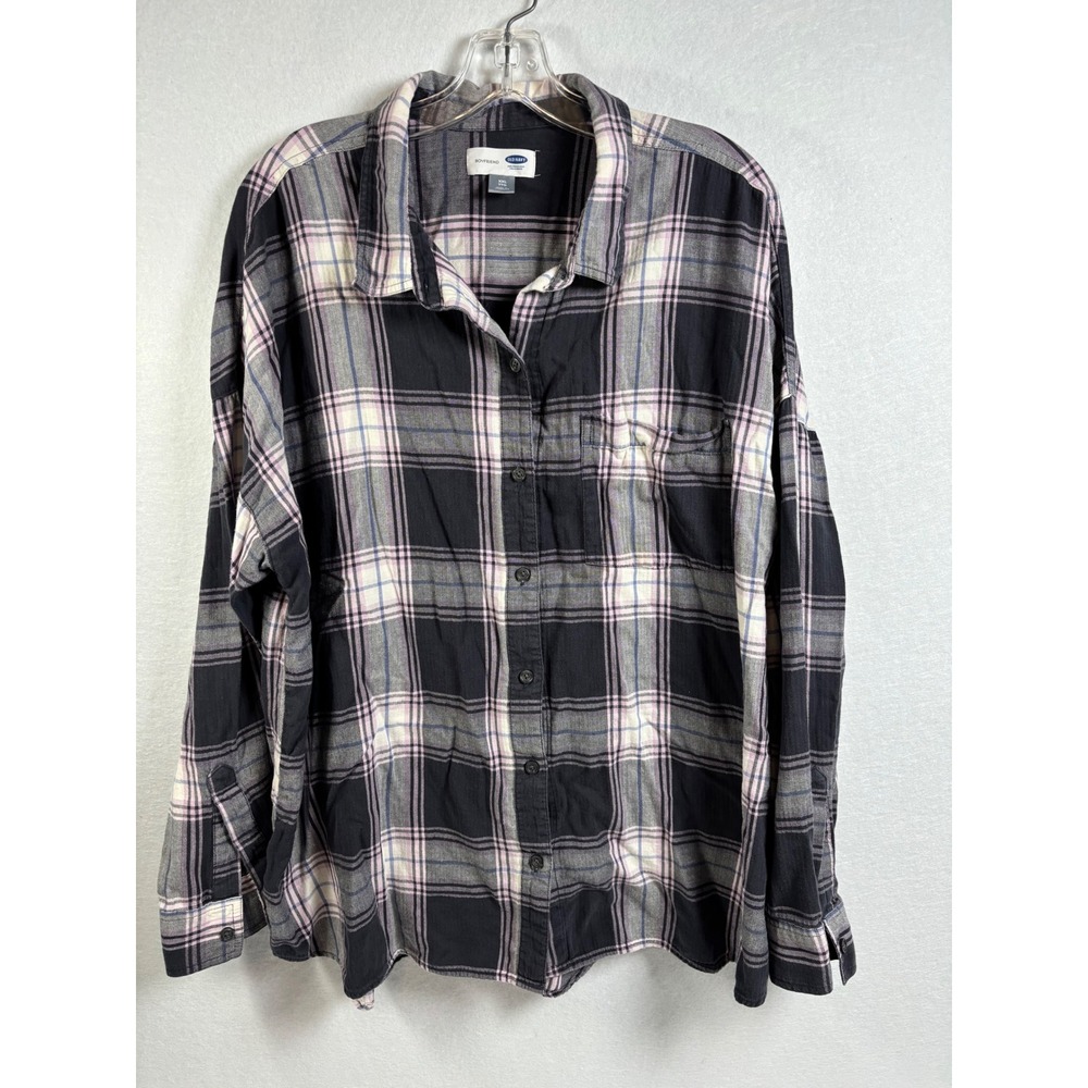 Old Navy Flannel Shirt Women XXL Dark Purple Cotton Plaid Boyfriend Button Down